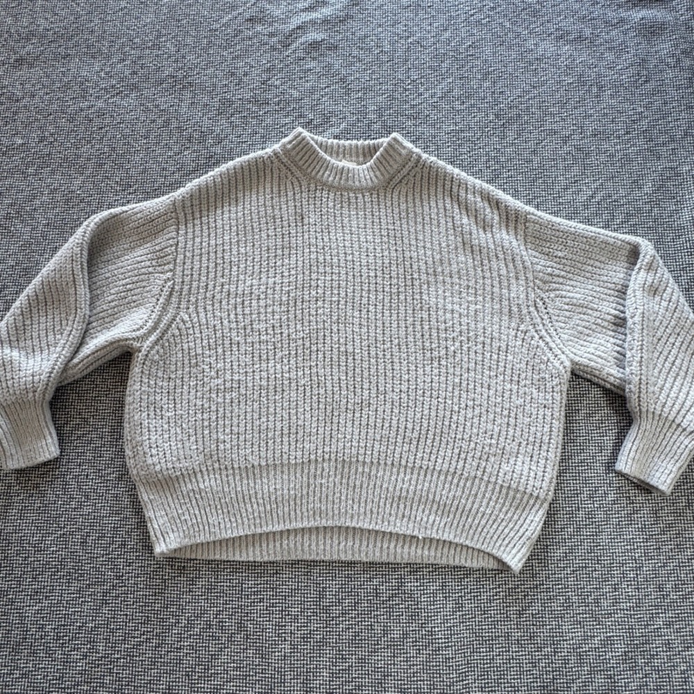 HM Womens Medium Beige Ribbed Chunky Knit Relaxed Crew Neck Sweater Pullover